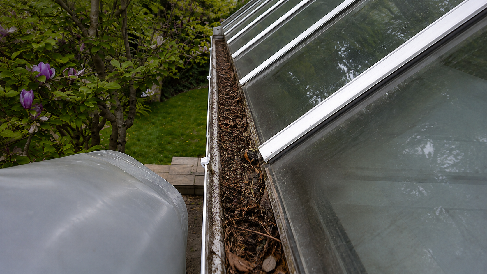 Gutter showing accumulated tree debris before cleaning — illustrating how different tree species affect gutter maintenance
